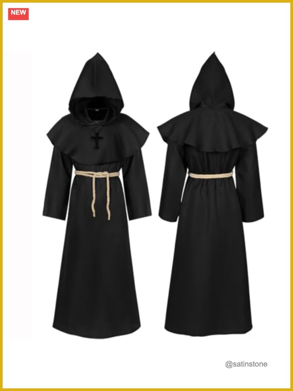 Hooded Cloak Robe 5pc Set Medieval Wizard Monk Cosplay Costume